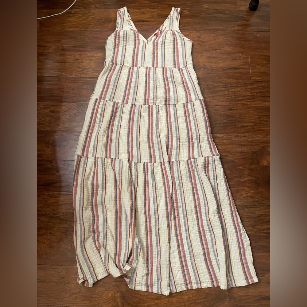Marine Layer Striped Tiered Maxi Dress in Cream, Pink, Green